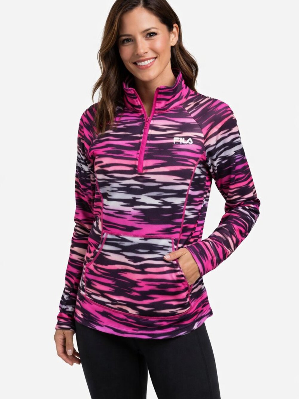 Fila Sport Women's Pullover Mock Neck Zebra Stripe Pink Purple 1/4 Zip Small 4-6